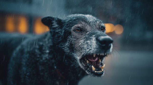 Snarling Dog in Rainy Urban Night
