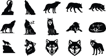 Collection of various wolf silhouettes in different poses and expressions