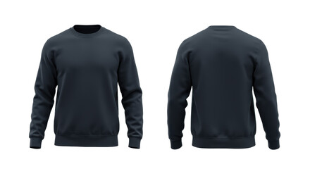 Pristine dark navy blue heavy cotton fleece crewneck sweatshirt, front and back views symmetrically arranged as a flat lay template on a transparent background, concept for apparel e-commerce