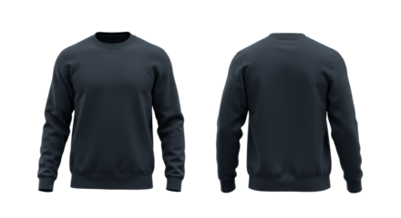 Pristine dark navy blue heavy cotton fleece crewneck sweatshirt, front and back views symmetrically arranged as a flat lay template on a transparent background, concept for apparel e-commerce