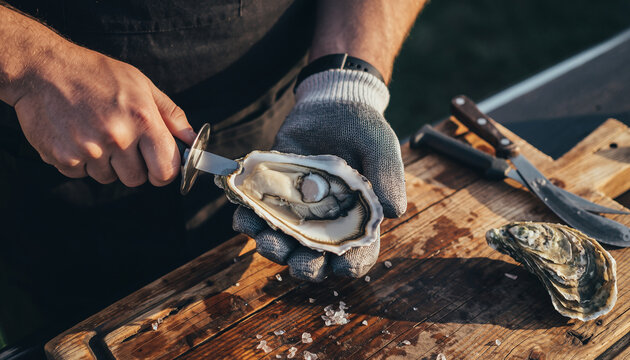 Man opening oyster with knife on wooden cutting board outdoors