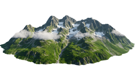majestic alpine granite peaks, snow, and vibrant green meadows in a panoramic view, isolated on transparent background with volumetric light. concept for aspirational travel and freedom
