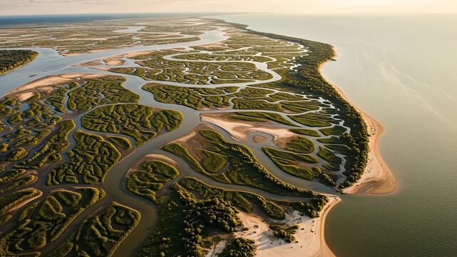 Aerial View of a Lush Green Marshland with Winding Waterways at Sunset.