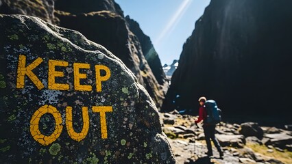 Warning sign on rock keep out text, hiker in dramatic mountain pass with sun flare