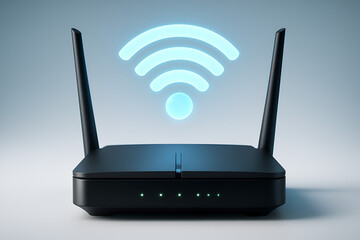 Modern black wireless router with blue wifi signal icon isolated on clean white background for internet concept