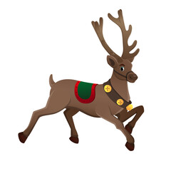 Illustration of a running reindeer. A festive reindeer with bells isolated on a white background.