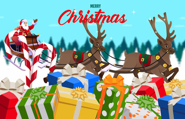 Christmas background or card in the form of gifts, with Santa flying in a sleigh pulled by reindeer in the background