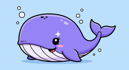 Obraz premium Cute purple whale cartoon character with sparkly eyes and a happy smile.