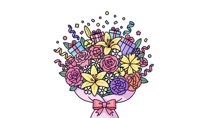Festive Floral Arrangement: A cheerful bouquet overflows with colorful flowers and ribbons, creating a sense of joy and celebration. With hidden gift adding an element of surprise