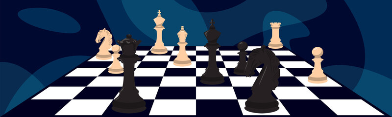Illustration of a chessboard with chess pieces arranged in various patterns. Chessboard on an abstract background.