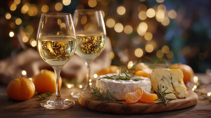 Obraz premium Elegant holiday gathering with wine, cheese, and fruit on a wooden board, with soft bokeh lights in the background.