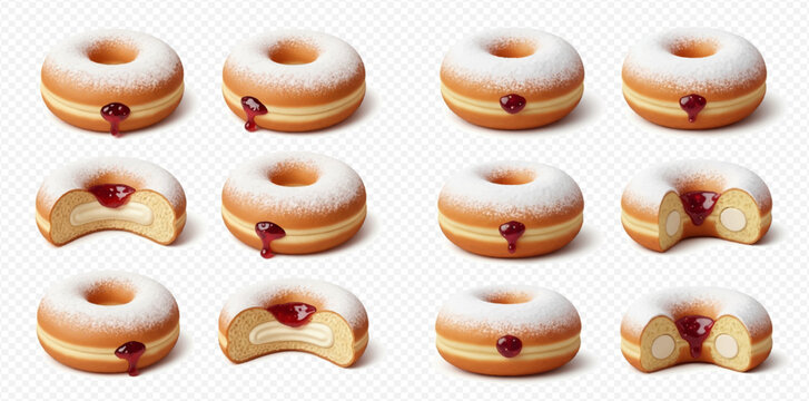 Set of delicious donuts with various fillings and powdered sugar, whole and bitten, isolated on transparent background.