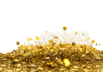extreme macro of dynamic metallic gold glitter powder and star confetti scattering on a transparent background, dramatic high-key lighting, hyper-detailed texture. opulent celebration atmosphere