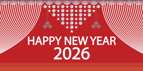  Happy New Year 2026 banner with white text and ribbon on red background. Stage Vector illustration