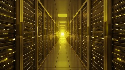 Digital light flows through the network and data servers behind glass panels in the server room of a data center aisle , Technology shift at light speed - Powered by Adobe