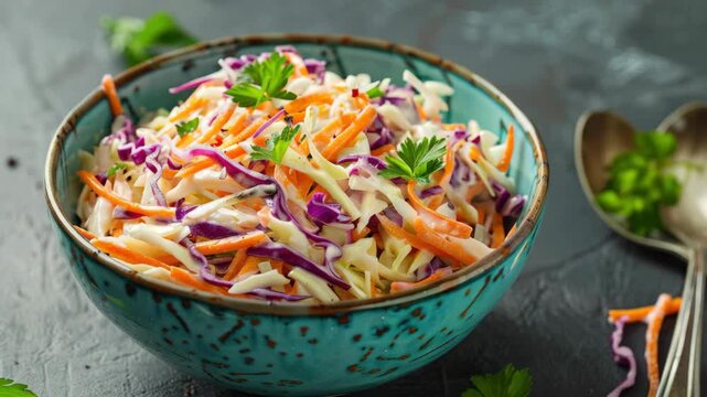 A bowl of coleslaw with shredded carrots and parsley. There are two spoons in the bowl