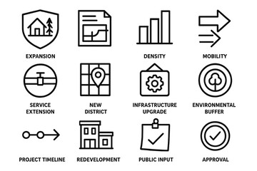Urban Planning Icons. Urban Growth Strategy Set linear set: expansion zone badge, land-use update sheet, density increase bar, mobility corridor arrow, service extension icon, new