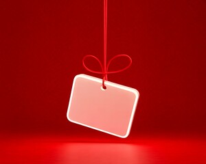 Blank white label hanging from red string bow, vibrant background