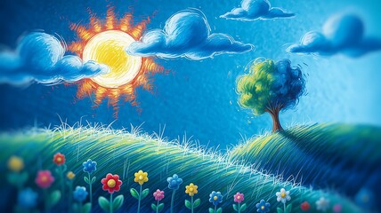 Joyful vibrant sun, blue sky, green hill, blooming colorful flowers.