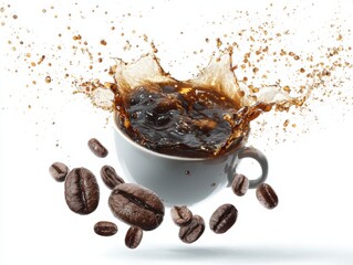 Splashing Coffee with Beans in a White Cup against a White Background