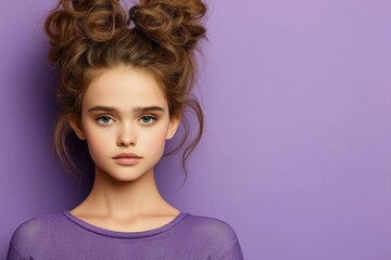 Young girl with styled hair posing against purple background  copyspace