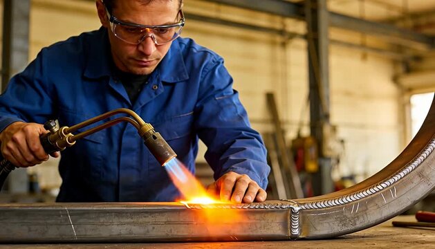 Man using torch to weld metal structure in workshop, fabrication, metalworking, industrial repair, welding.