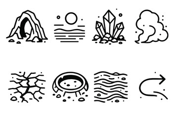 Fototapeta premium Alien Landscape Icons. Alien World Environments linear set: unfamiliar mountain arc, hazy horizon tile, crystalline deposit node, tinted dust cloud, fissured ground bar, crater