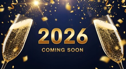 Dramatic New Year 2026 Coming Soon announcement with champagne glasses and golden confetti isolated PNG with Transparent Background