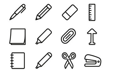 Stationery Icons Grid. Stationery Items linear set: ballpoint pen tile, pencil node, eraser bar, ruler ring, sticky note patch, highlighter stripe, paper clip panel, binder arrow,