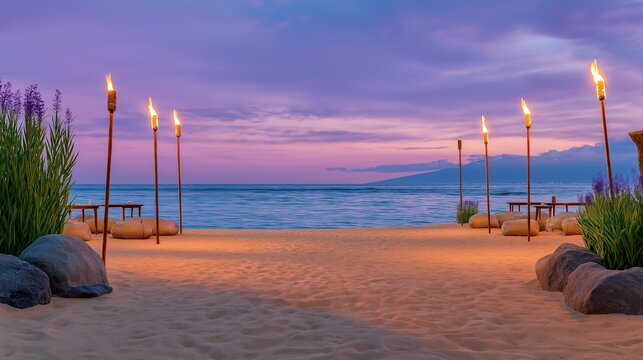 Tiki Torches Leading to Serene Ocean Sunset - Powered by Adobe