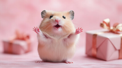 Happy hamster raising its paws and opening its mouth in surprise and excitement, surrounded by pastel pink gift boxes wrapped with golden ribbons on a soft pink surface
