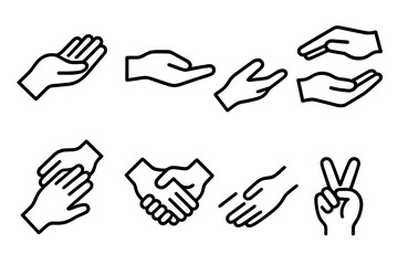 Obraz premium Supportive Hand Icons. Supportive hand icons linear set: open help palm, steady support, guiding gesture, shared carry hands, encouragement pat, connection hold, aiding reach,