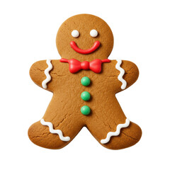 Macro close-up of a festive classic gingerbread man cookie with vibrant red and green royal icing decorations, molasses texture emphasized, isolated on a transparent background. Concept of traditional