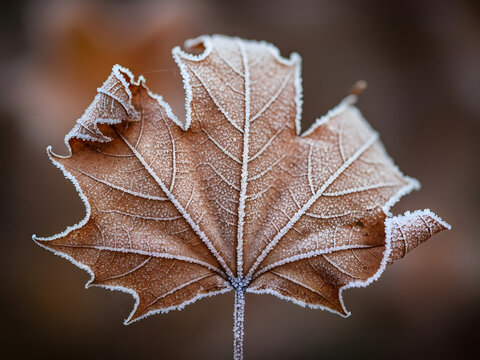 Frozen autumn leaf with intricate ice crystals detail - Powered by Adobe