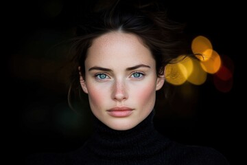 Young woman with glowing skin and flowing hair in dark background  