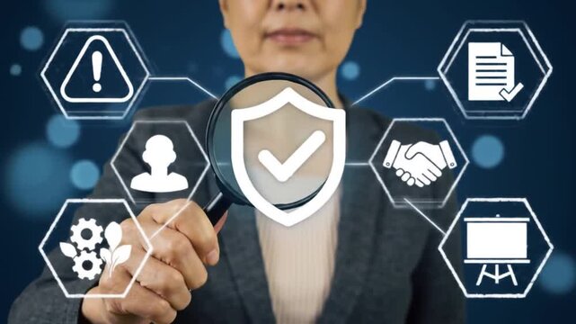 Woman Inspecting Compliance with Magnifying Glass Against Blue Hexagonal Icons Showing Regulations Risk and Assurance Concept Business and Legal Compliance