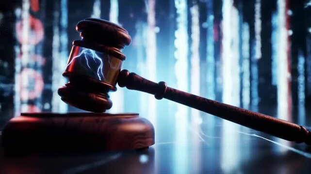Wooden Gavel Resting on a Shiny Surface with Abstract Binary Code Background Digital Law Concept and Implies Legal Technology and Cyber Security