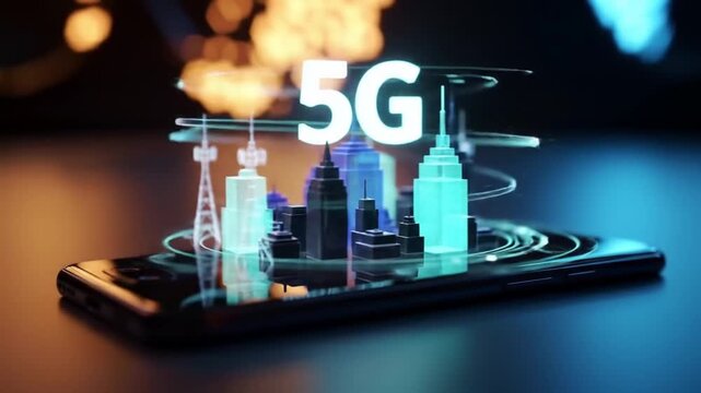 5G Cityscape Hologram Displayed On Smartphone Over Dark Surface with Soft Bokeh Background Representing Technological Advancement in Telecommunications