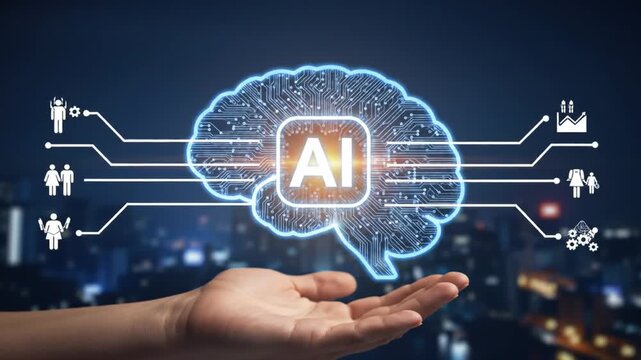 Artificial Intelligence Concept with Glowing Brain on Hand Over Dark Urban Background Representing Technology Connectivity and Data Flow Visualization