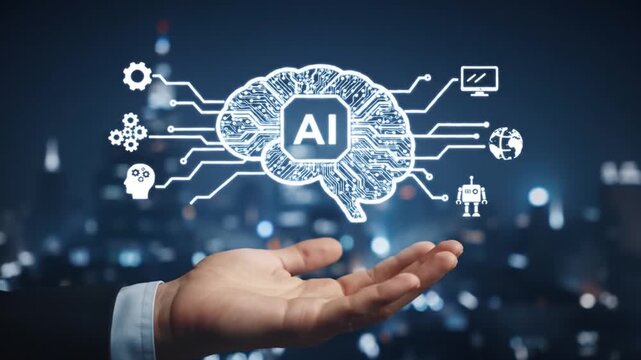 Artificial Intelligence Concept with Illuminated Brain Circuitry in Hand Against Blurred Cityscape Background Highlighting Machine Learning and Technology