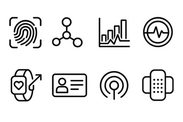 Preventive Care Icons. Preventive Care System Set linear set: biometric device tile, vital metric node, early-alert bar, monitoring ring, wearable tracker arrow, patient info panel