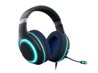Gaming headset with microphone and blue led lights, black and dark blue, isolated on transparent background
