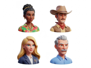 Set of four diverse 3d cartoon character busts, avatars, isolated on white isolated on transparent background