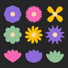 Collection of simple retro style daisy flowers and botanical doodle elements isolated on dark background for sticker design