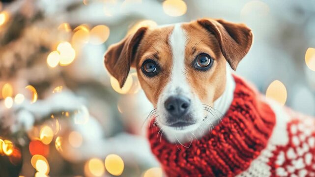 A brown and white dog wearing a red sweater adorned with white snowflakes looks into the camera with a calm demeanor. It is surrounded by Christmas tree lights, enhancing the holiday atmosphere.