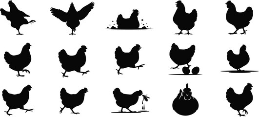 Collection of various chicken silhouettes in different poses and actions