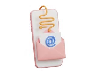 3d icon of mobile phone with email message and at symbol coming out, isolated on transparent background
