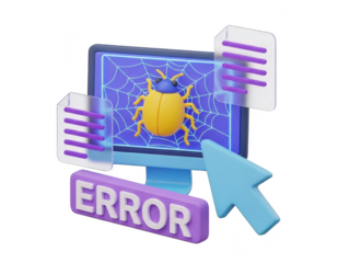 3d bug error on computer screen with files and cursor isolated on transparent background