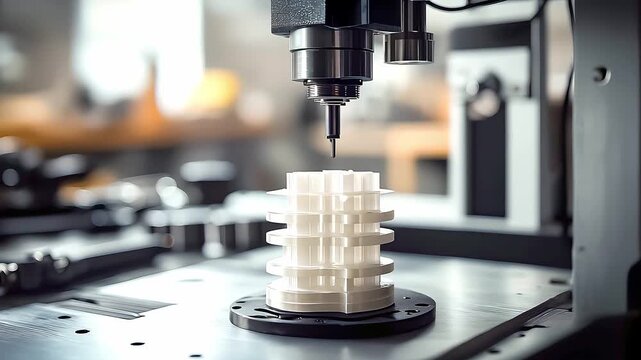 A close-up of a professional 3D printer creating a complex geometric part from white resin. The printer nozzle moves with high precision, depositing layers in a sterile laboratory environment. The vid