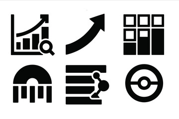 Strategic Icon Set. Strategic Data Planning Modes silhouette set: analytics tile, predictive curve arrow, planning grid bar, insight dial node, resource distribution band, scenario